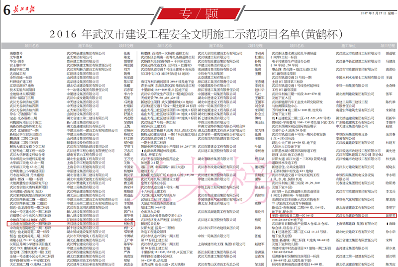 天馬建設(shè)集團兩項目獲2016年“武漢市建設(shè)工程安全文明施工示范項目”